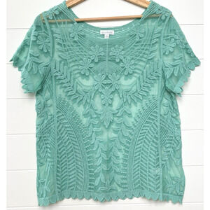 Charming Charlie Embroidered Sheer Floral Lace Top Size S Scalloped Aqua Green